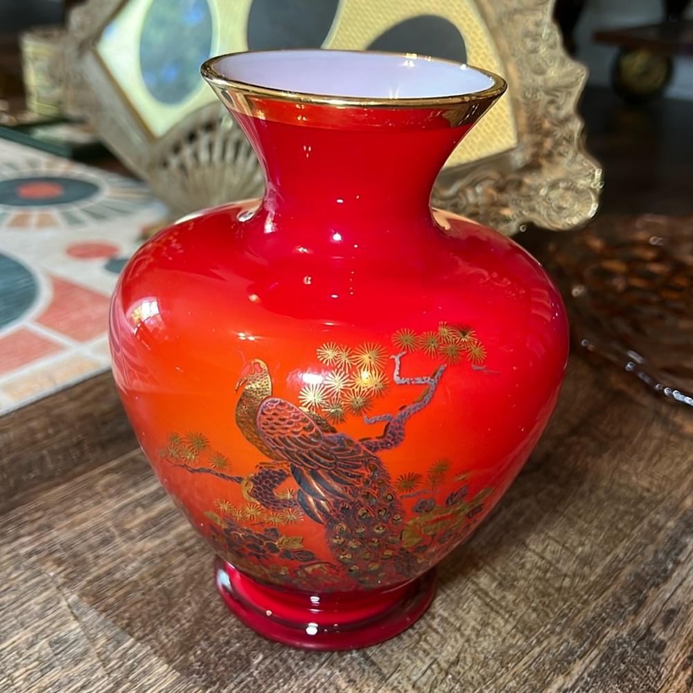 Vintage Asian oriental orange red cased glass with peacock vase